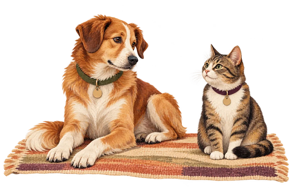 Illustration d’un chien et d’un chat côte à côte, chacun portant une médaille vierge